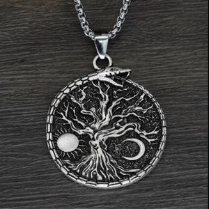 Ouroboros Sky Tree- Snake Craggy Branch Twisty Sun Moon Infinity Silver Necklace